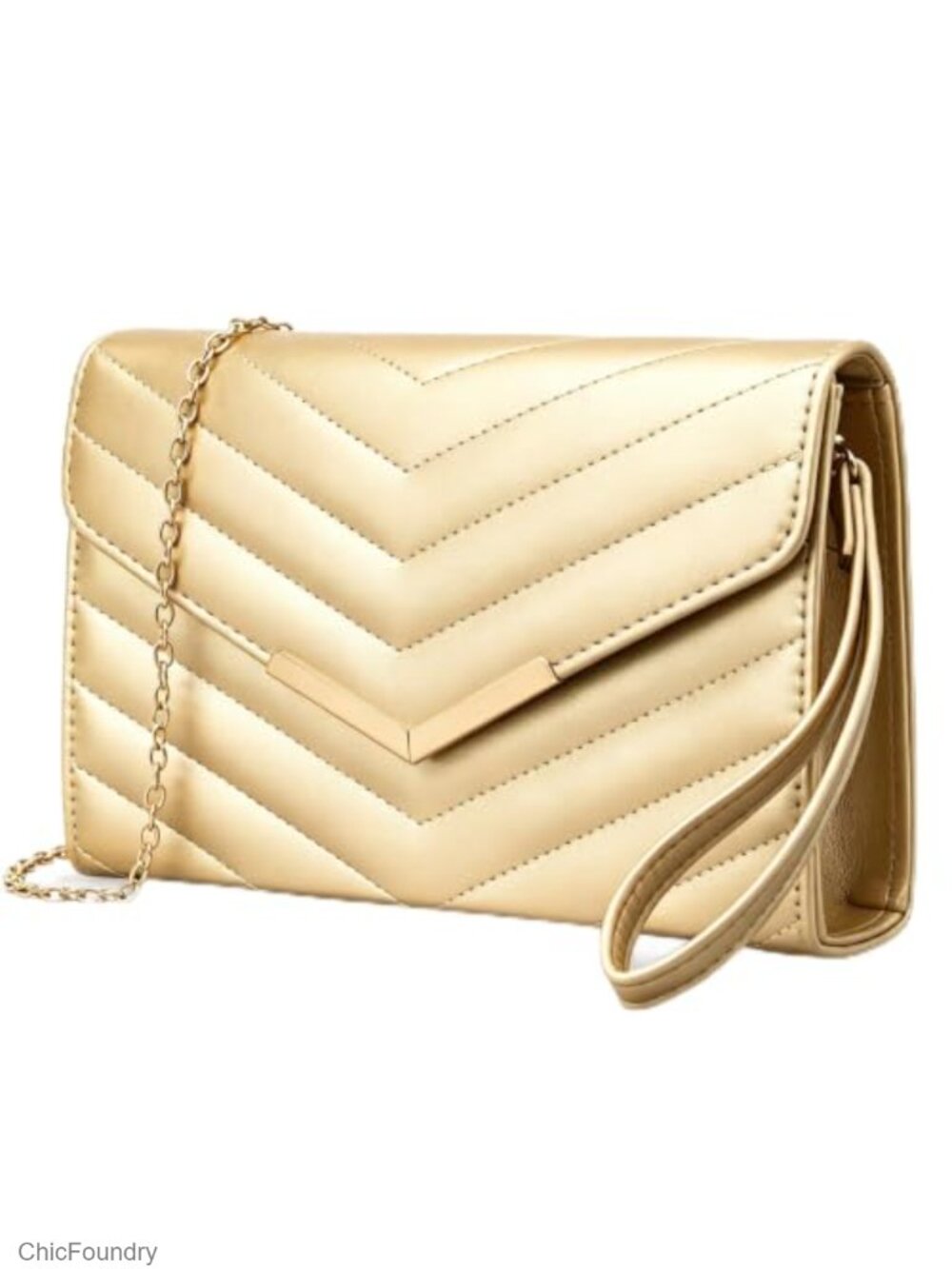 Quilted Faux Leather Clutch Evening Bag with Wristlet Chain Strap